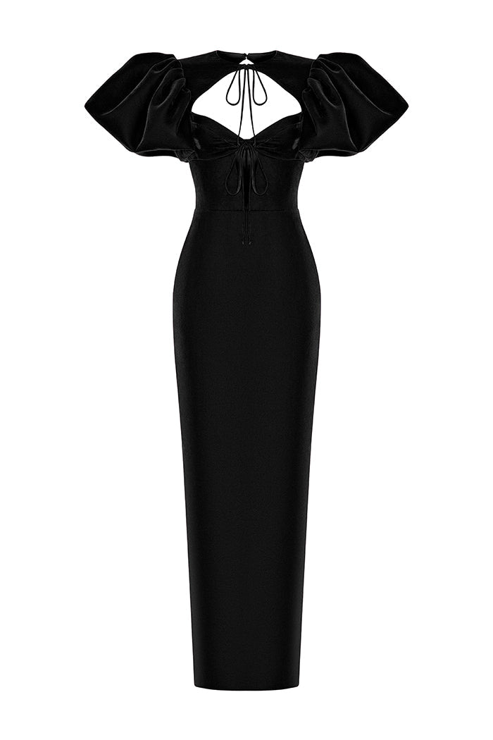 Velvet long midi dress with a cutout and voluminous sleeves – Rasario
