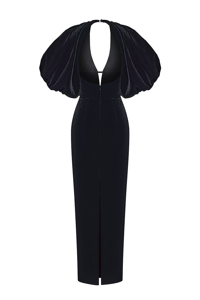 Velvet long midi dress with voluminous sleeves and a cutout – Rasario