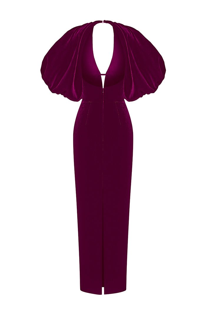 Velvet long midi dress with voluminous sleeves and a cutout – Rasario