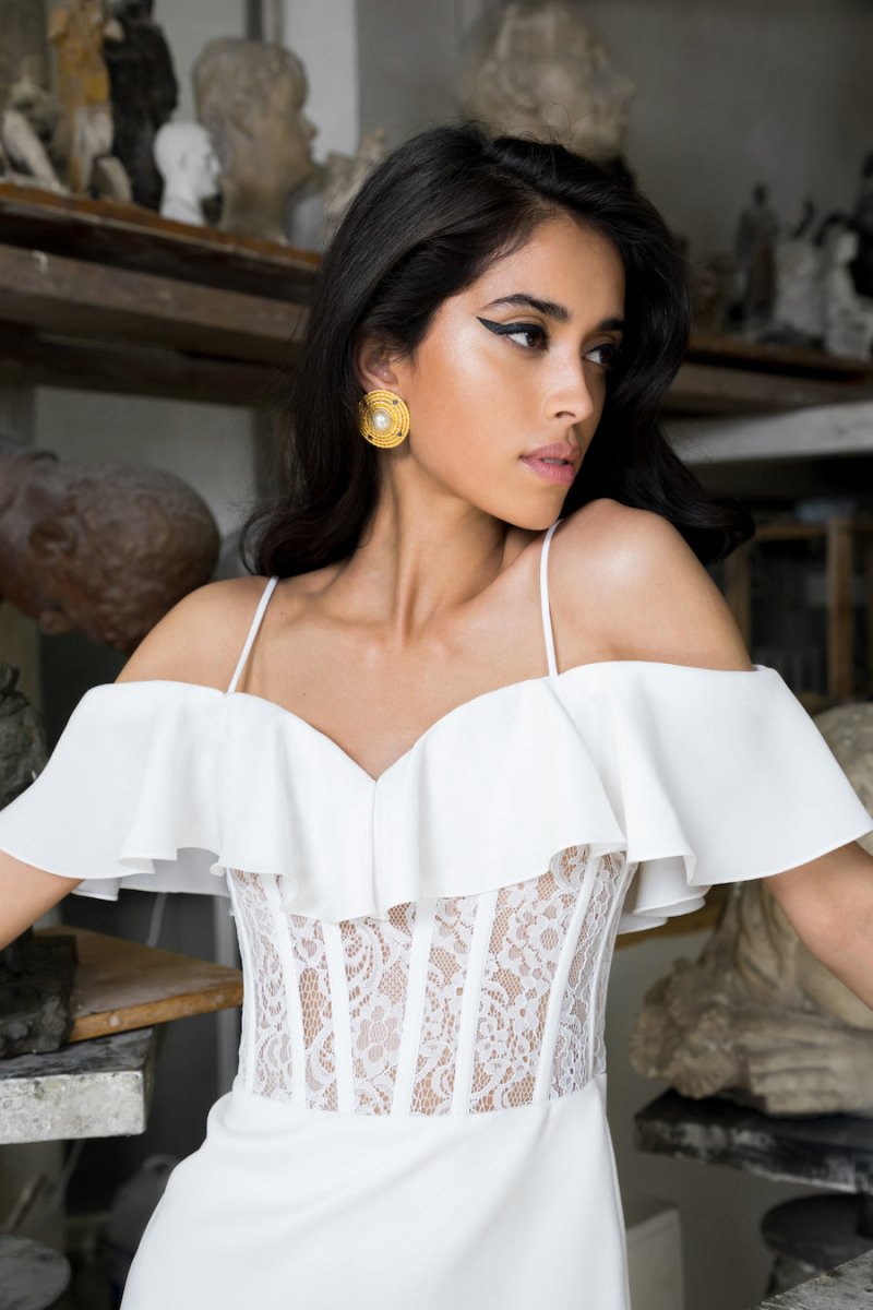 OFF-THE-SHOULDER CREPE AND LACE CORSET MIDI DRESS – Rasario
