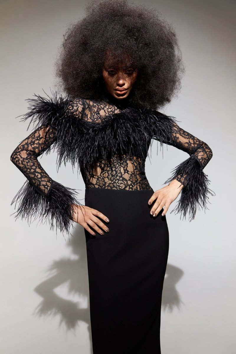 Asymmetric fringe crepe and lace midi dress – Rasario
