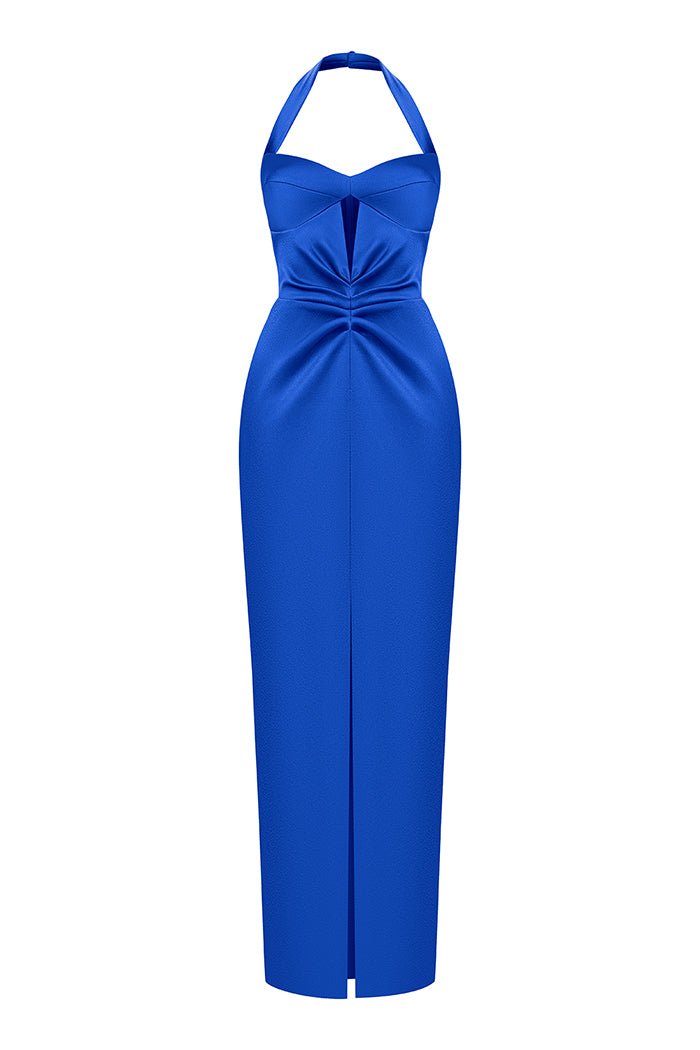 Satin Draped Long Midi Dress with A Cutout 38 (FR) / Blue Satin Draped Long Midi Dress with A Cutout 38 (FR) / Blue