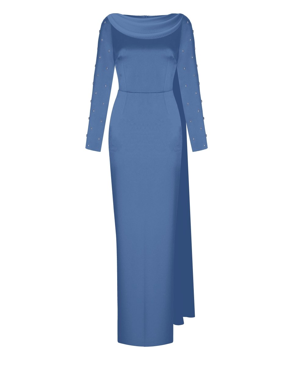 fitted lace wedding dress Embroidered satin maxi dress with draped collar steel blue R003X050 –  RASARIO