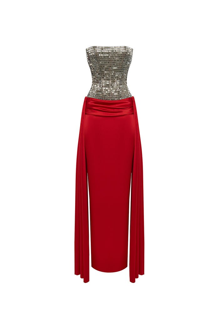open lace back dress Crystal Embellished Corset Satin Dress with A Train 42 (FR) / Red