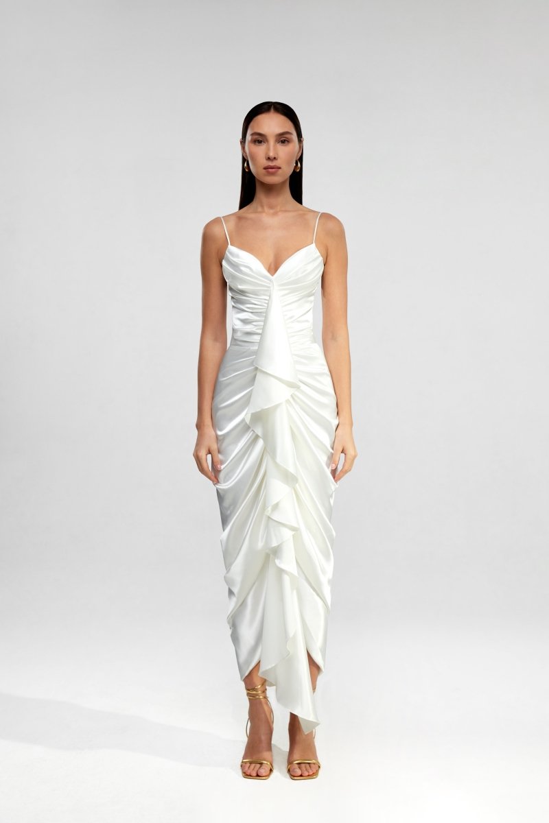 Draped satin long midi dress with ruffle – Rasario