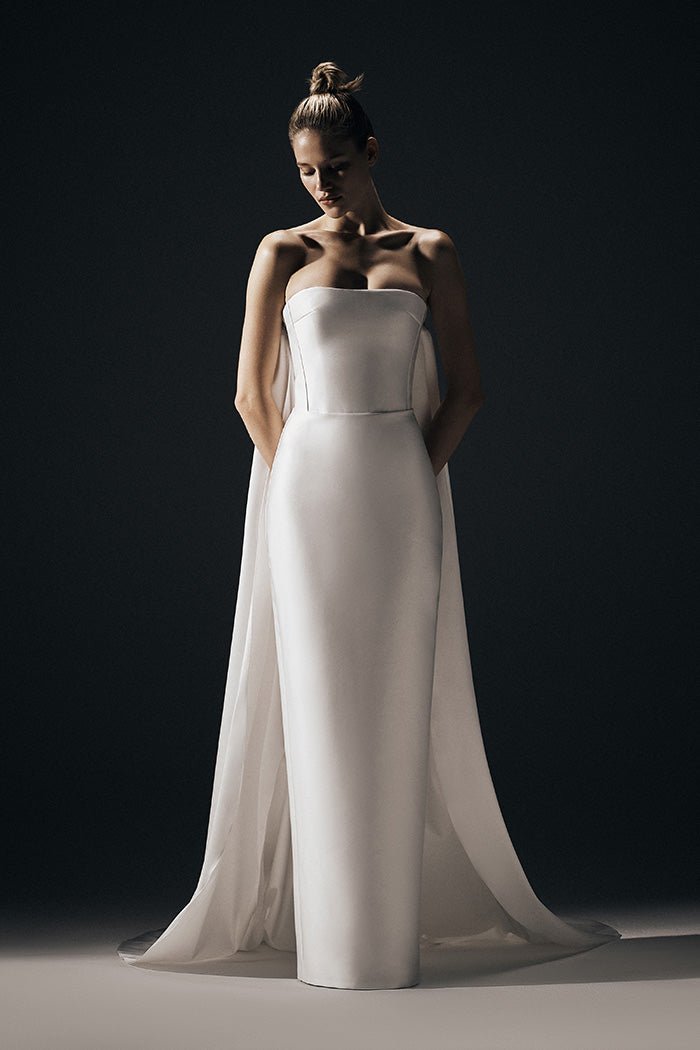 Satin gown with detachable voluminous sleeves and cape – Rasario