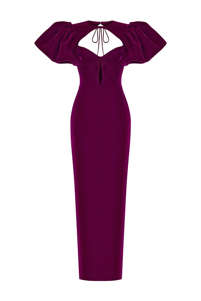 Velvet Long Midi Dress with A Cutout and Voluminous Sleeves 38 (FR) / Plum Velvet Long Midi Dress with A Cutout and Voluminous Sleeves 38 (FR) / Plum