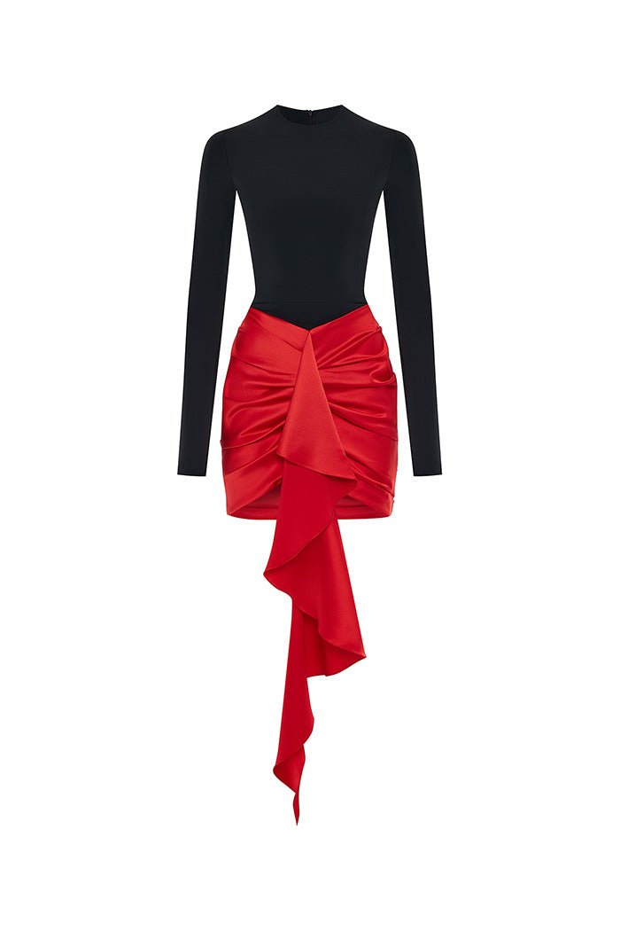 Draped Satin and Biflex Mini Dress with A Train 42 (FR) / Black-Red