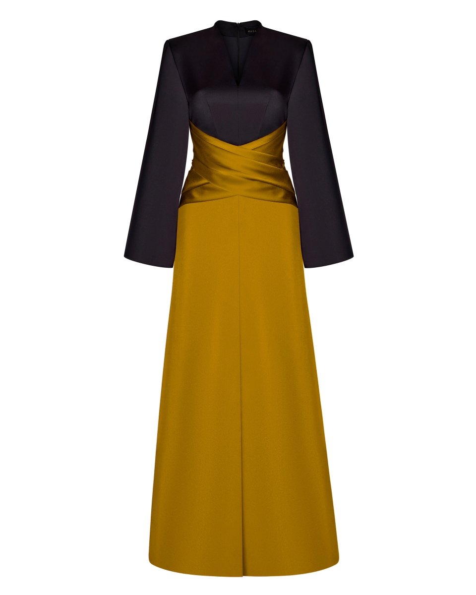 Satin front-slit maxi dress with draped belt 42 (FR) / Black/Gold Satin front-slit maxi dress with draped belt 42 (FR) / Black/Gold