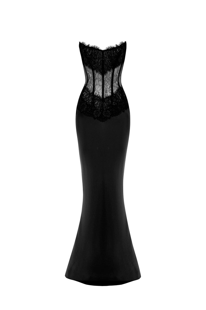 Lace and satin corset maxi dress black S056X010 – RASARIO - Main Image
