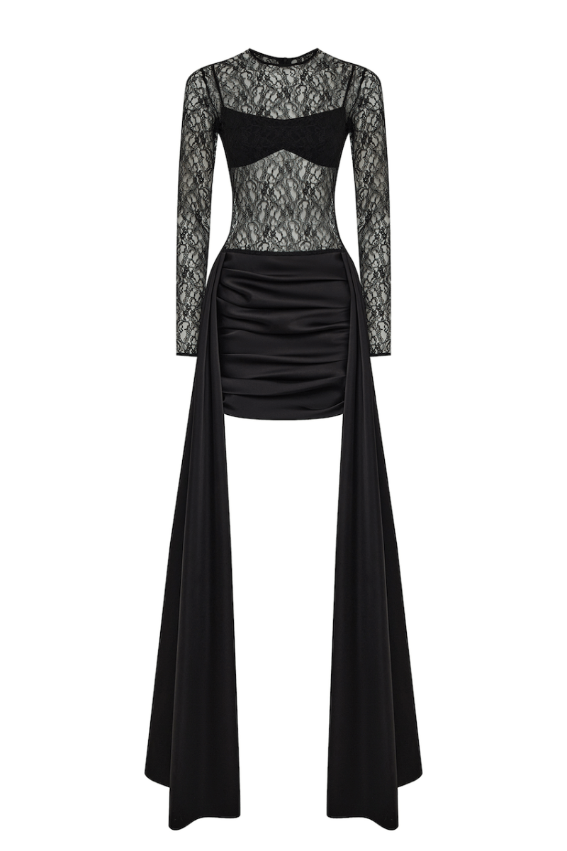 Lace and satin mini dress with a train and a covering top 34 (FR) / Black Lace and satin mini dress with a train and a covering top 34 (FR) / Black