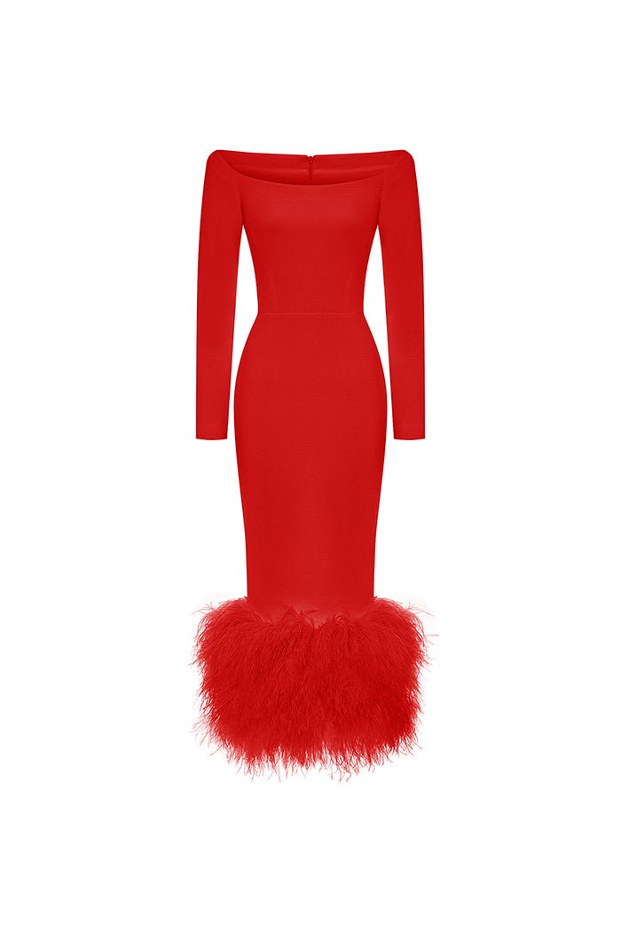 Сrepe Long Midi Dress with Fringe 38 (FR) / Red
