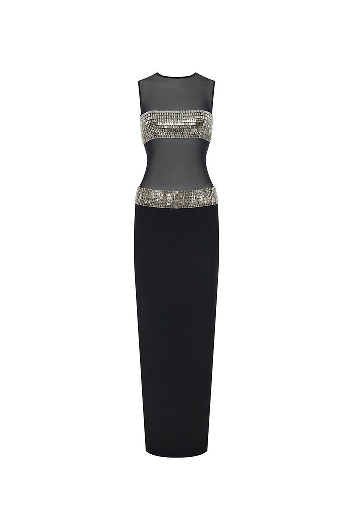 Crystal Embellished Crepe and Mesh Maxi Dress 42 (FR) / Black / Adults