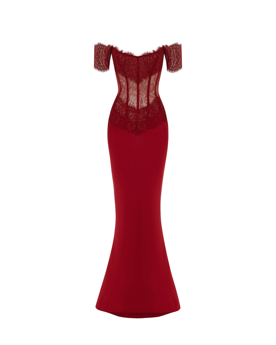 Lace and satin corset maxi dress 42 (FR) / Burgundy