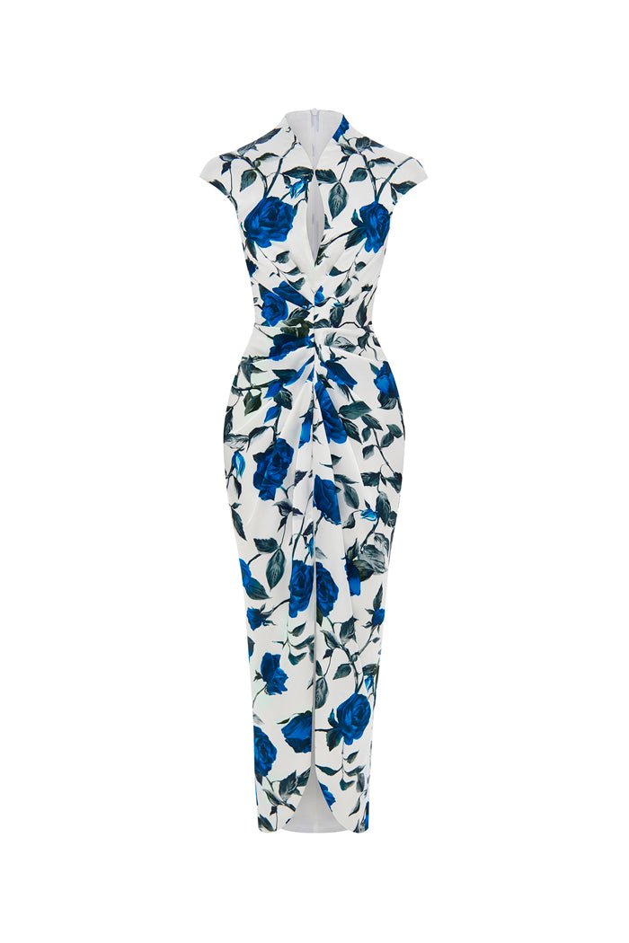 Draped printed satin long midi dress 38 (FR) / White/Blue