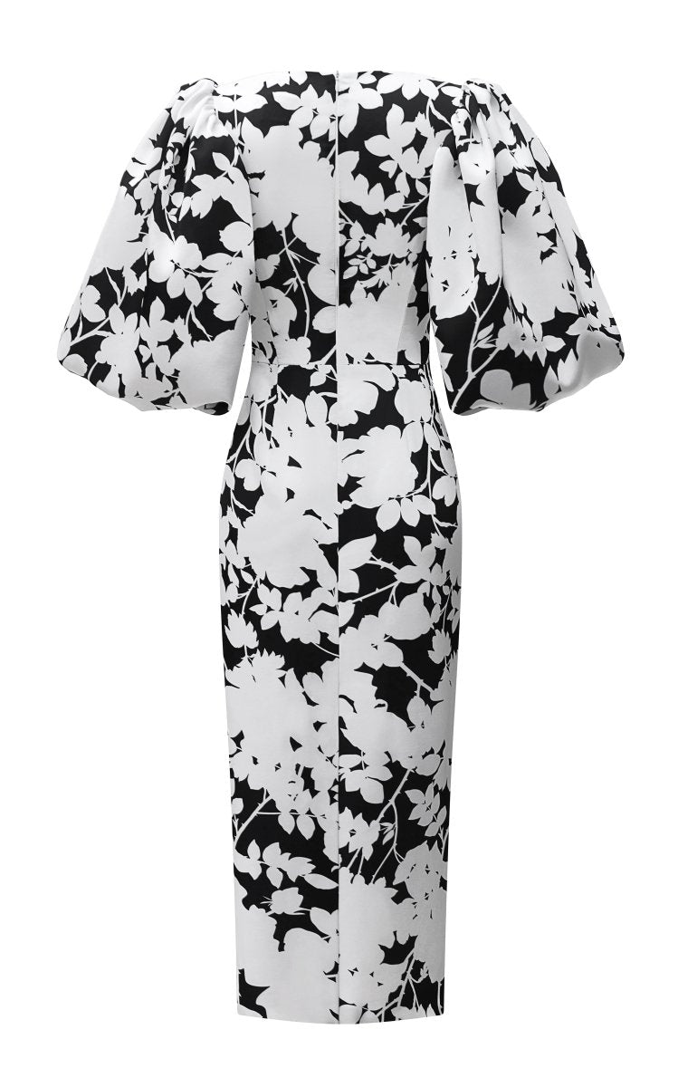 PUFF SLEEVE DRAPED FLORAL-PRINT SATIN MIDI DRESS – Rasario