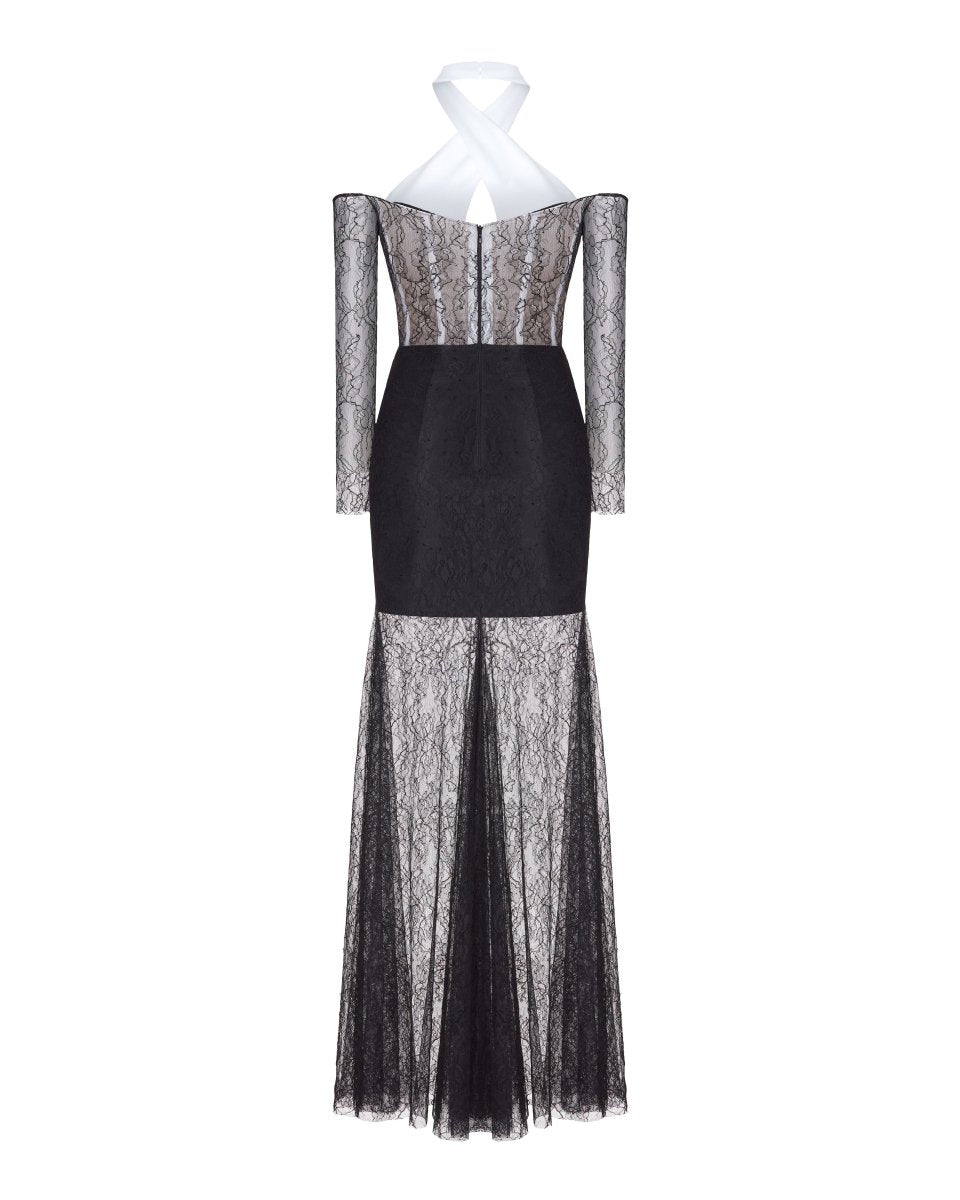 Off-the-shoulder crepe and lace corset maxi dress – Rasario