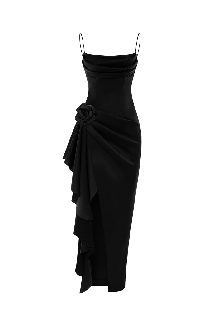Black Floral Satin Pleated Midi Dress main image 1