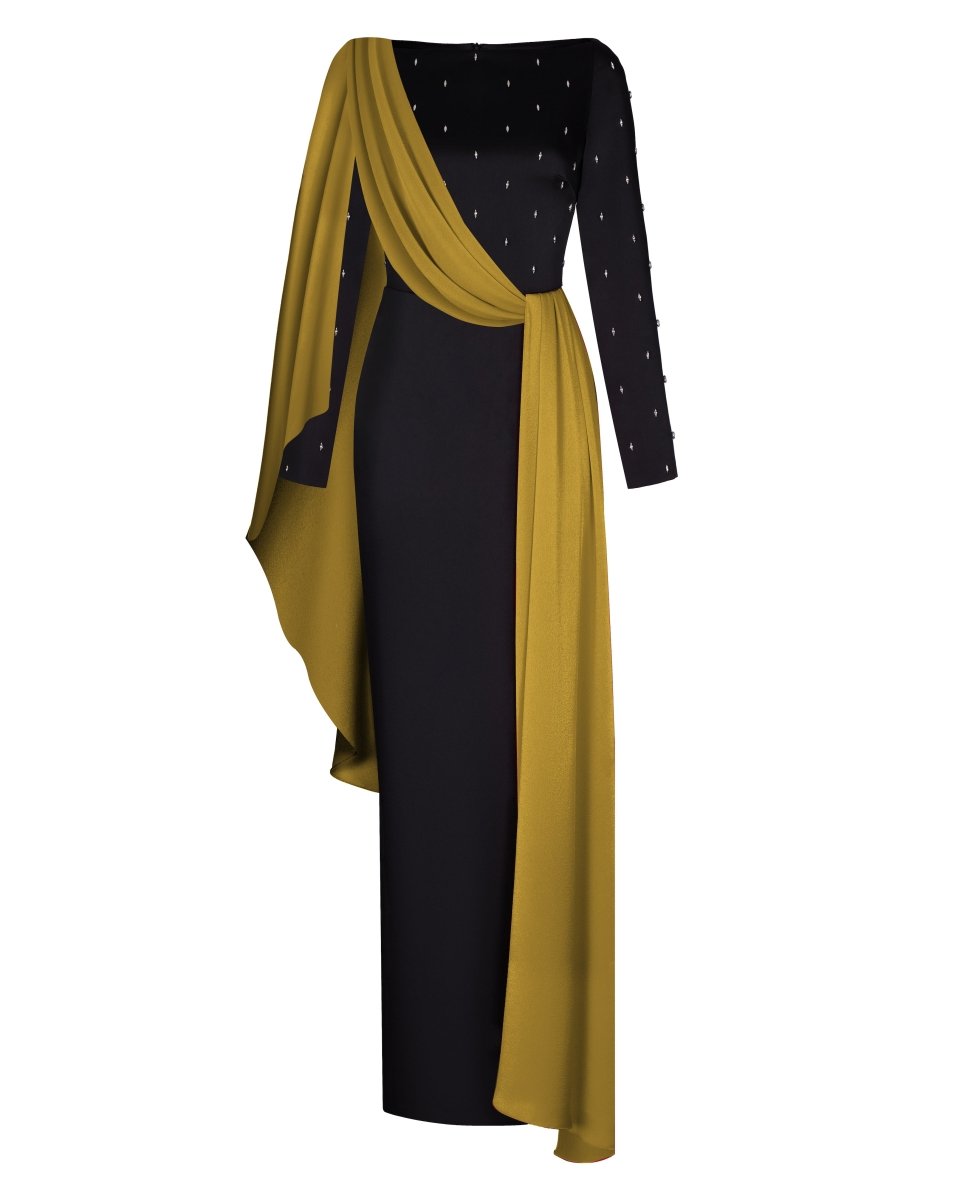 Embroidered satin maxi dress with voluminous drapery 38 (FR) / Black/Gold Embroidered satin maxi dress with voluminous drapery 38 (FR) / Black/Gold