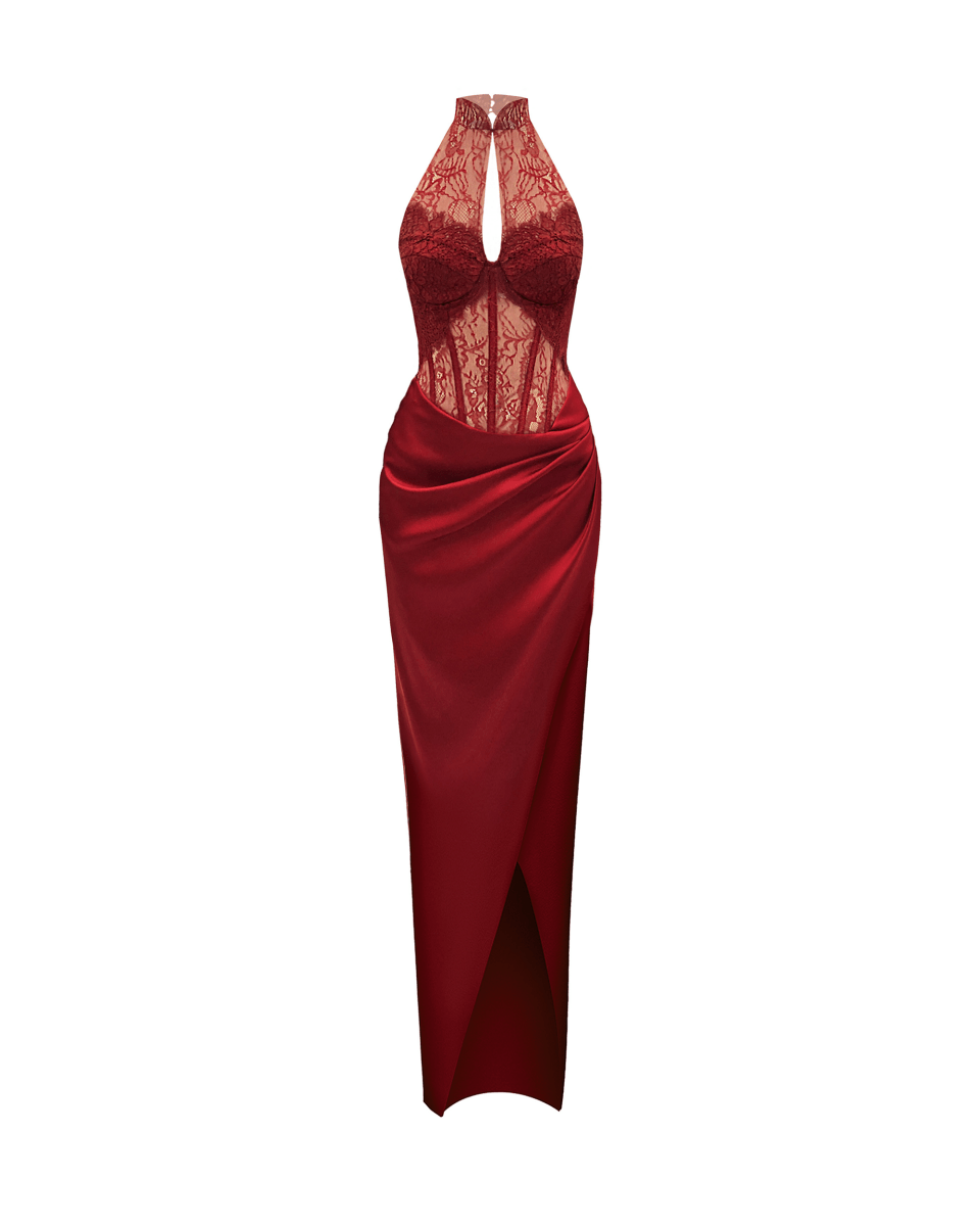 chinese dress ladies Lace and satin long midi dress burgundy S039D130 – RASARIO