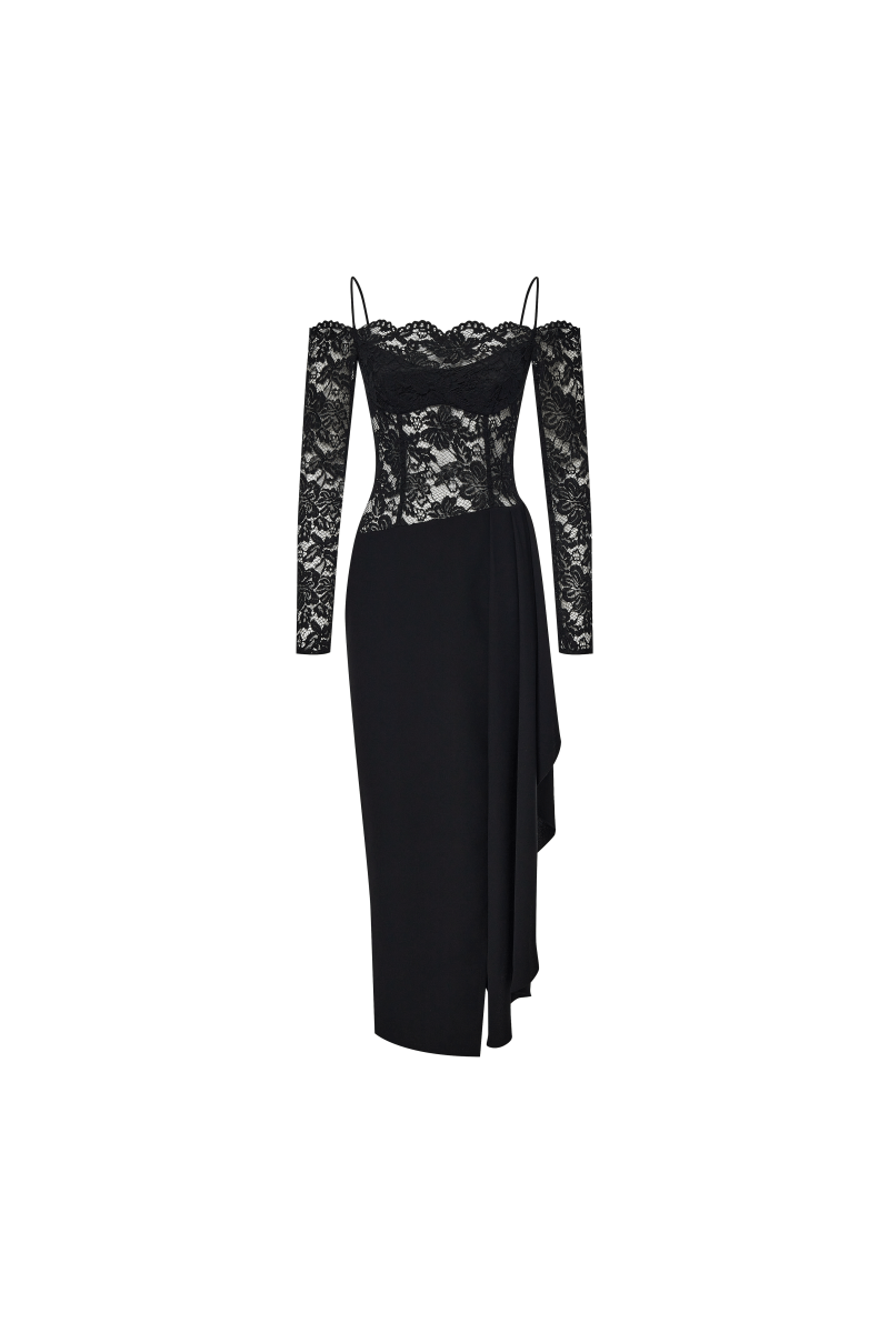 Draped crepe and lace off-the-shoulder long midi dress 34 (FR) / Black Draped crepe and lace off-the-shoulder long midi dress 34 (FR) / Black