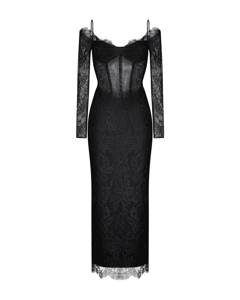 Off-the shoulder lace and satin corset midi dress Off-the shoulder lace and satin corset midi dress
