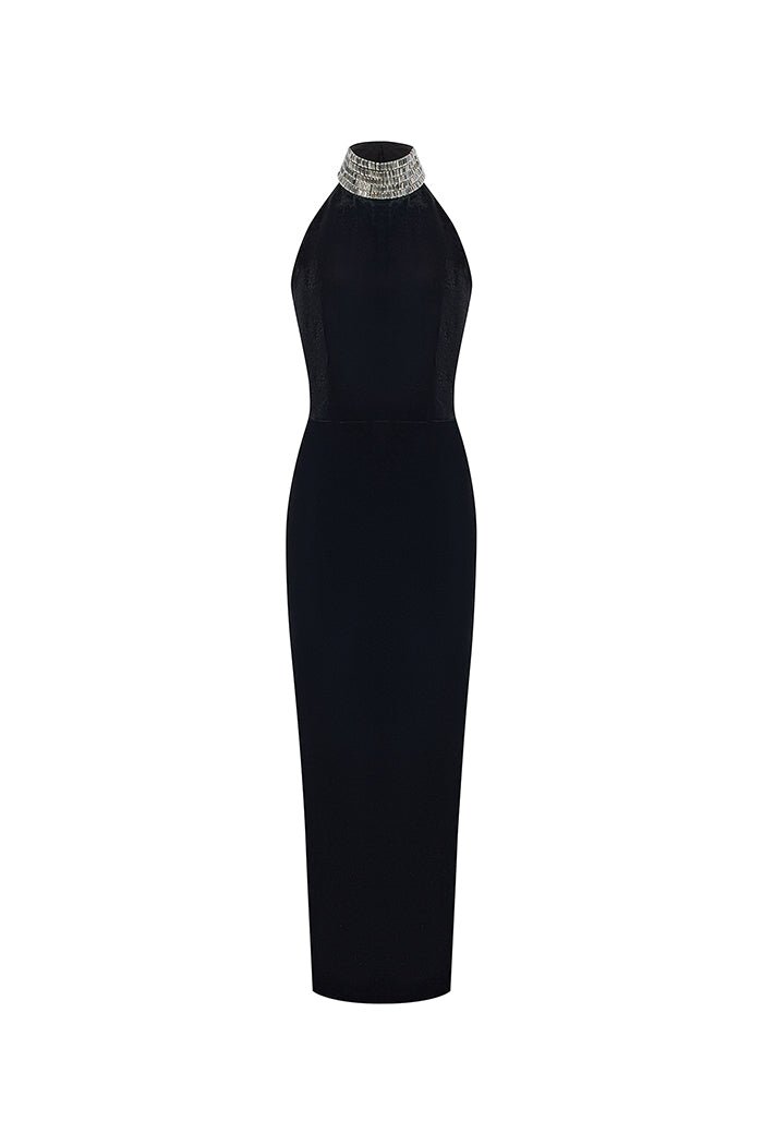 Velvet Maxi Dress with A Crystal Embellished Neck 46 (FR) / Black
