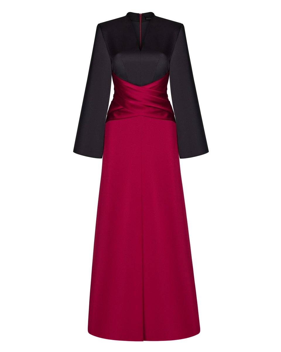 Satin front-slit maxi dress with draped belt 34 (FR) / Black/Burgundy