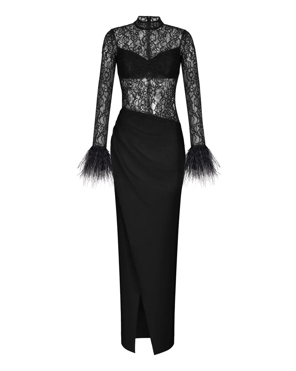 Draped crepe and lace maxi dress with fringe 34 (FR) / Black