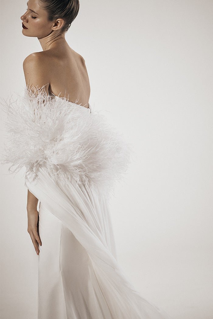 Draped corset silk chiffon maxi dress with a train – Rasario