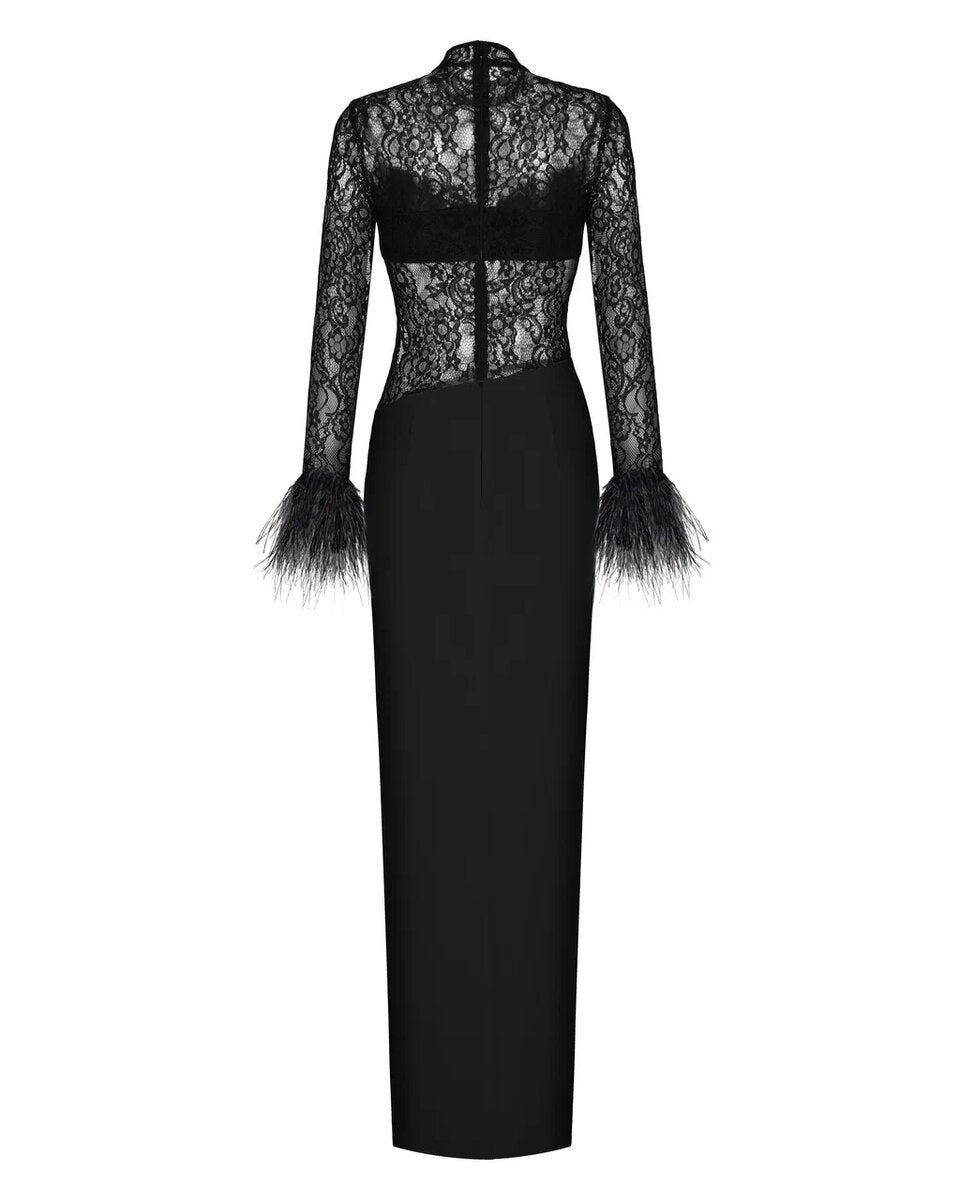 Draped crepe and lace maxi dress with fringe – Rasario