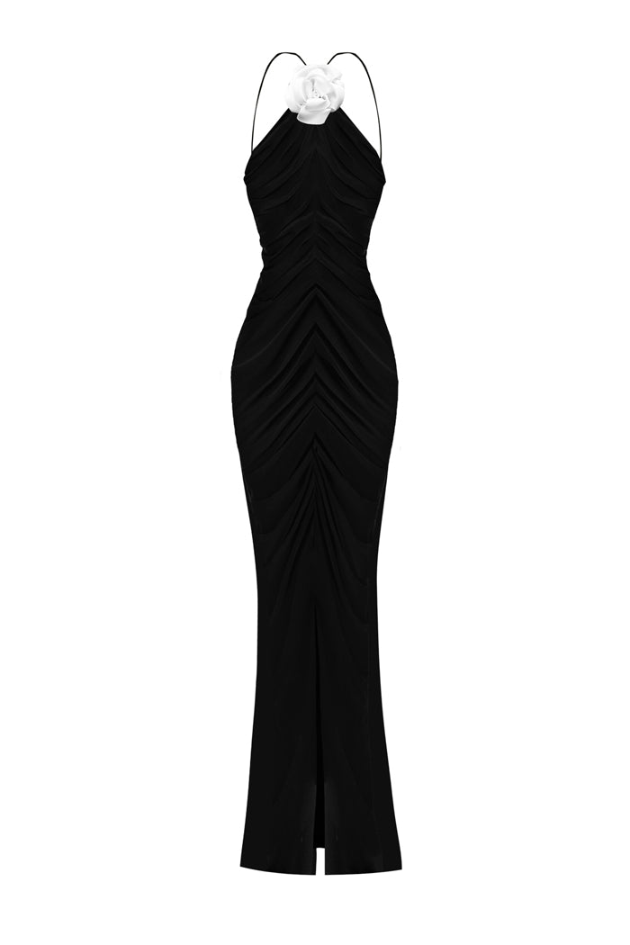 chinese dress ladies Flower embellished chiffon maxi dress black S001X010 – RASARIO