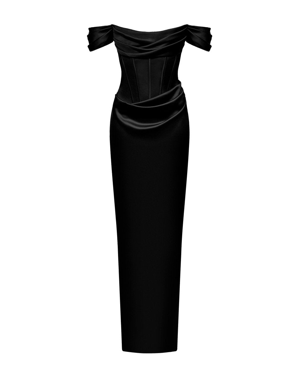 Off-the-shoulder draped corset satin gown black F024X010 – RASARIO