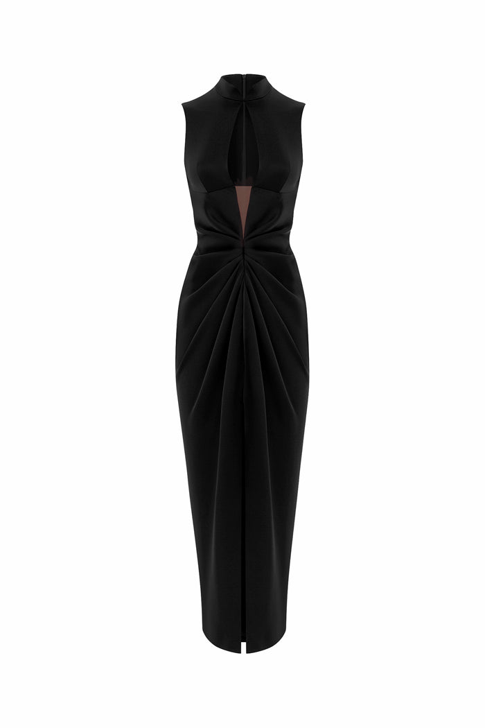 Draped Satin Midi Dress with A Cutout 36 (FR) / Black Draped satin midi dress with a cutout black S028D010 – RASARIO