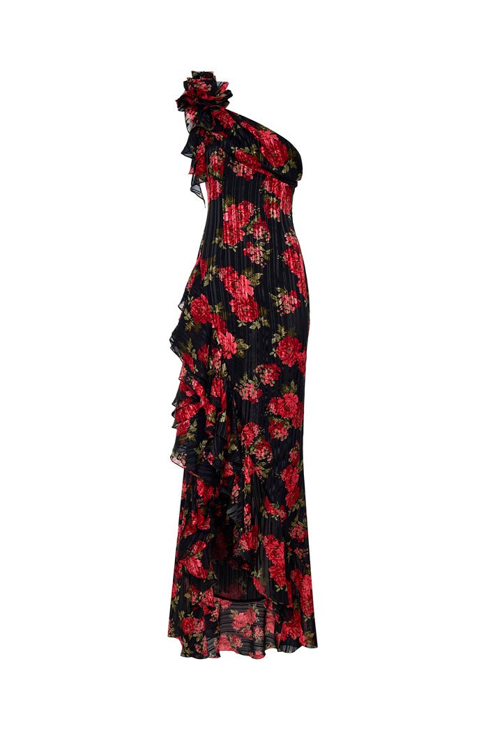 white christmas dresses Asymmetric Printed Chiffon Maxi Dress 46 (FR) / Black/Red