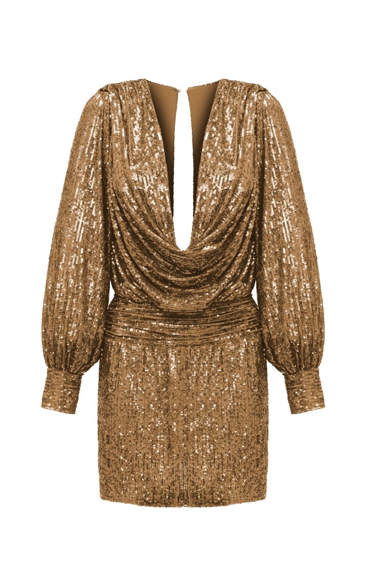 Draped Sequined Mini Dress with Long Sleeves 42 (FR) / Gold