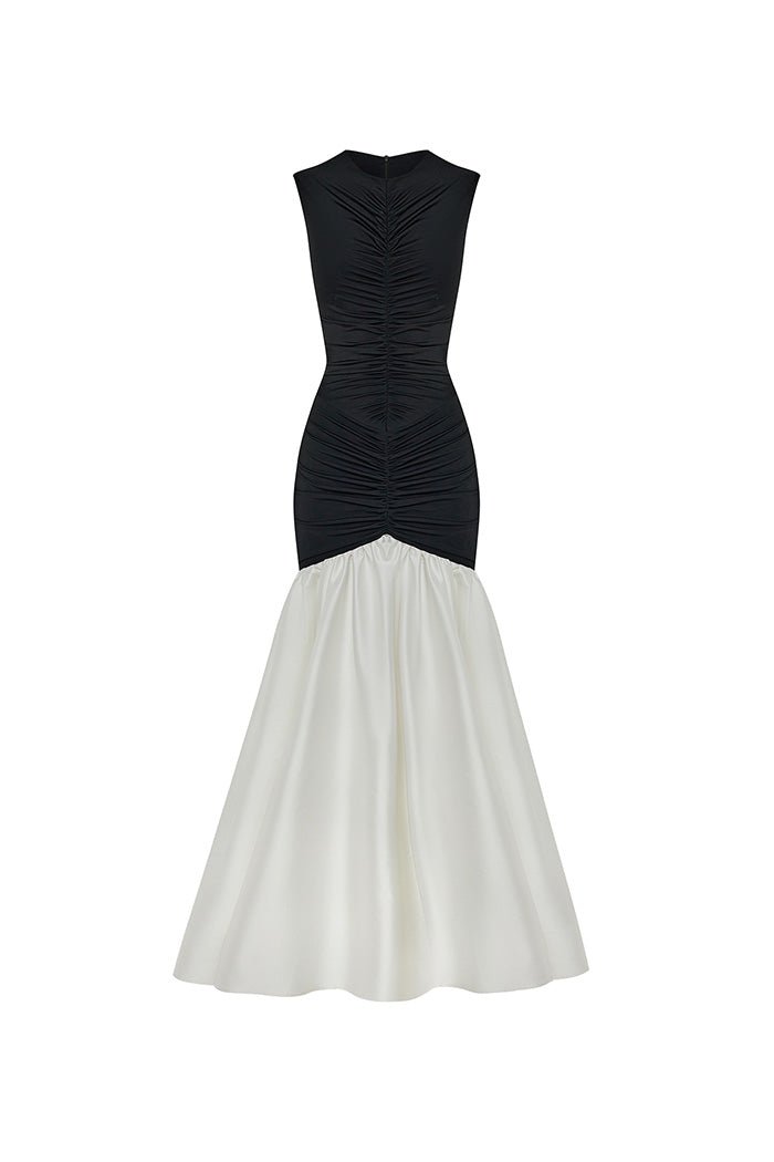 Draped satin and biflex gown with a train black-white F071G120