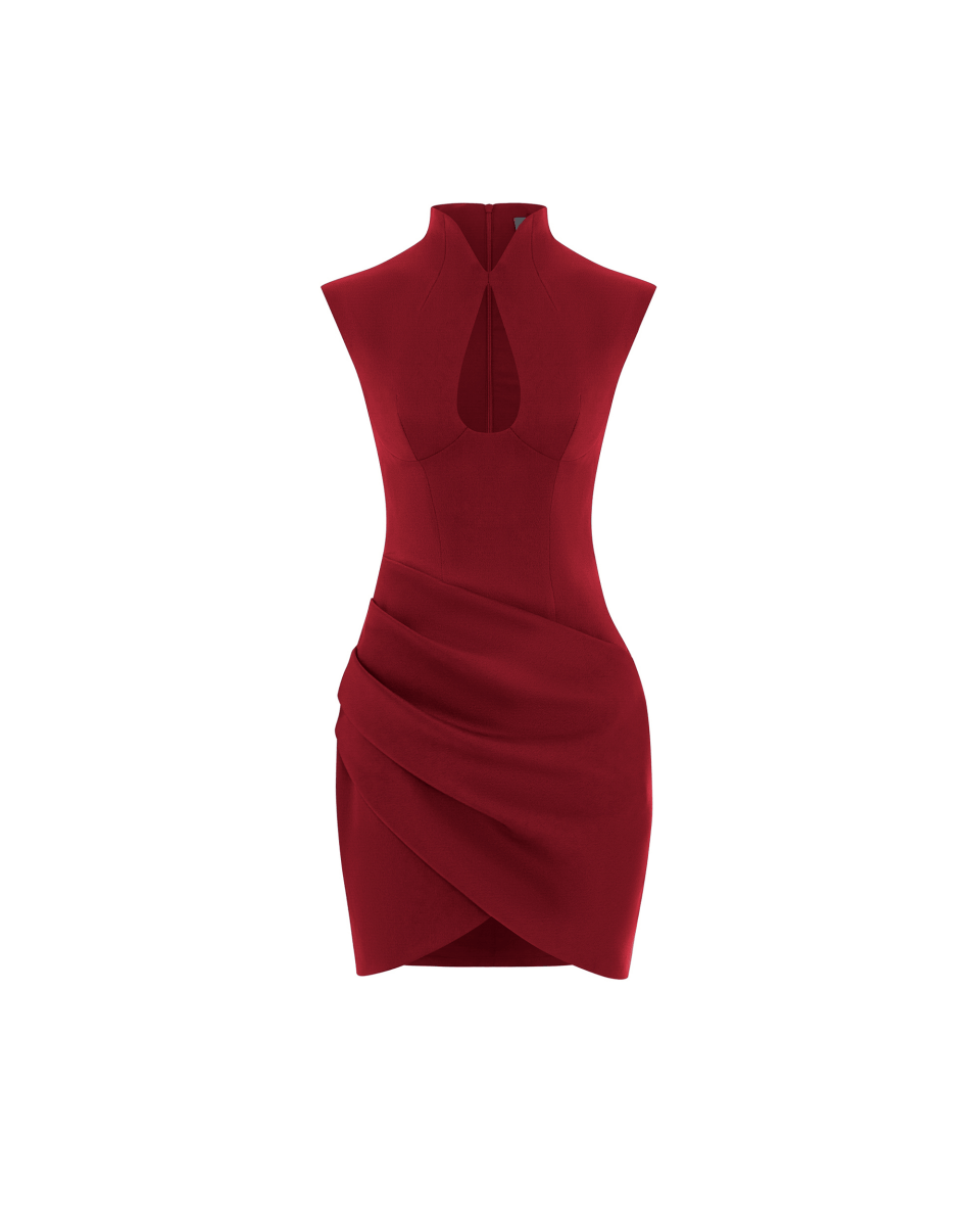 strapless open back dress Draped satin mini dress with cutouts burgundy S027N130 – RASARIO