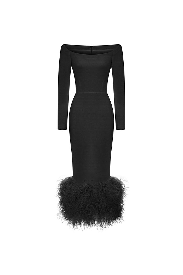Crepe long midi dress with fringe Crepe long midi dress with fringe