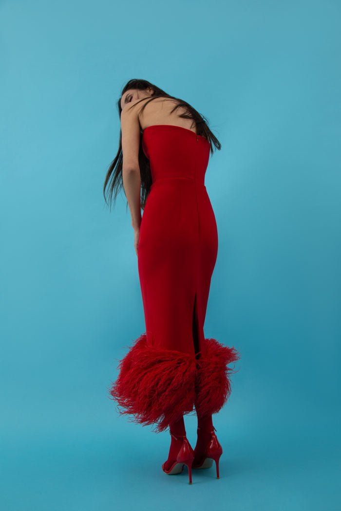 Сorset crepe long midi dress with fringe – Rasario