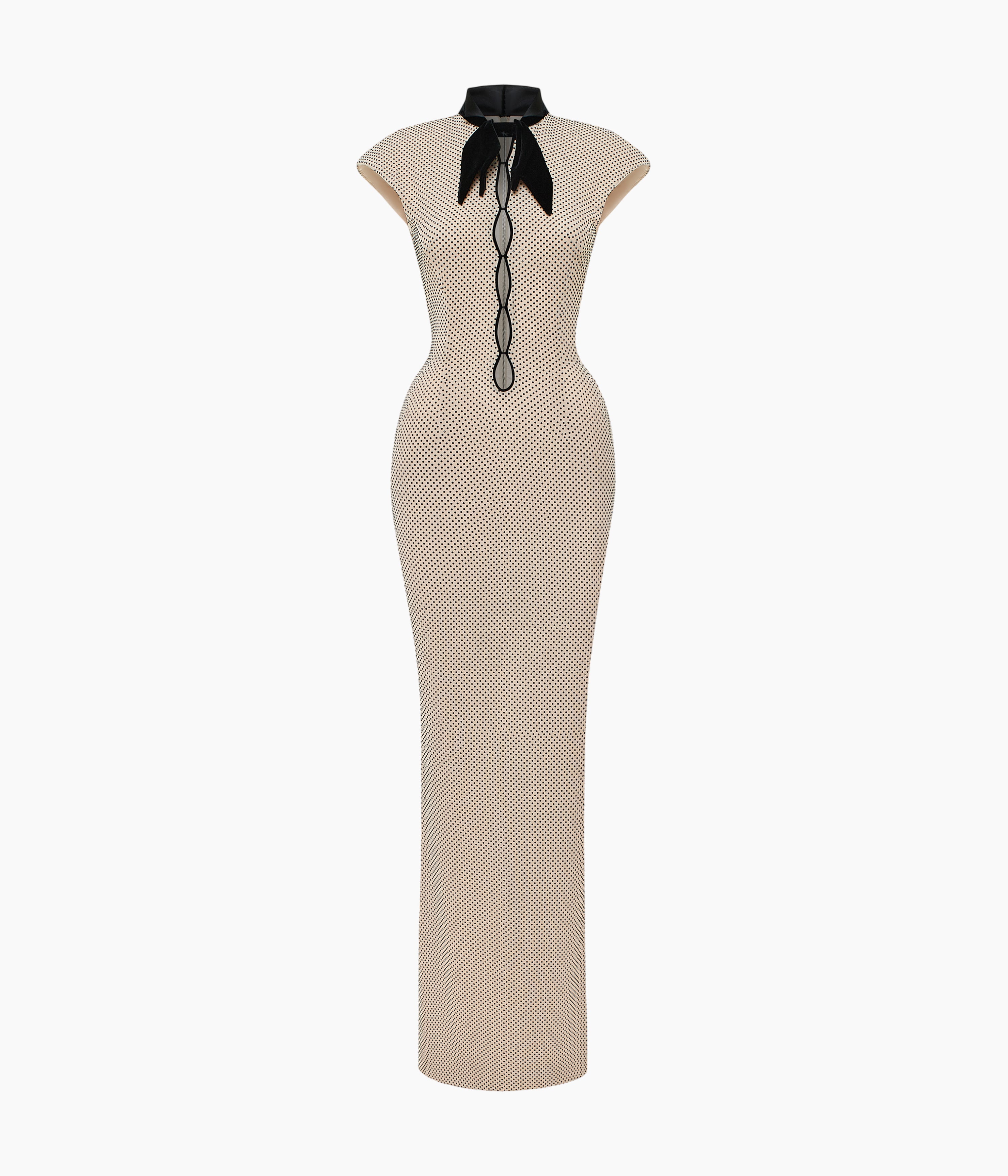 Crystal-Embellished Maxi Dress with Sculptural Pannier Panels