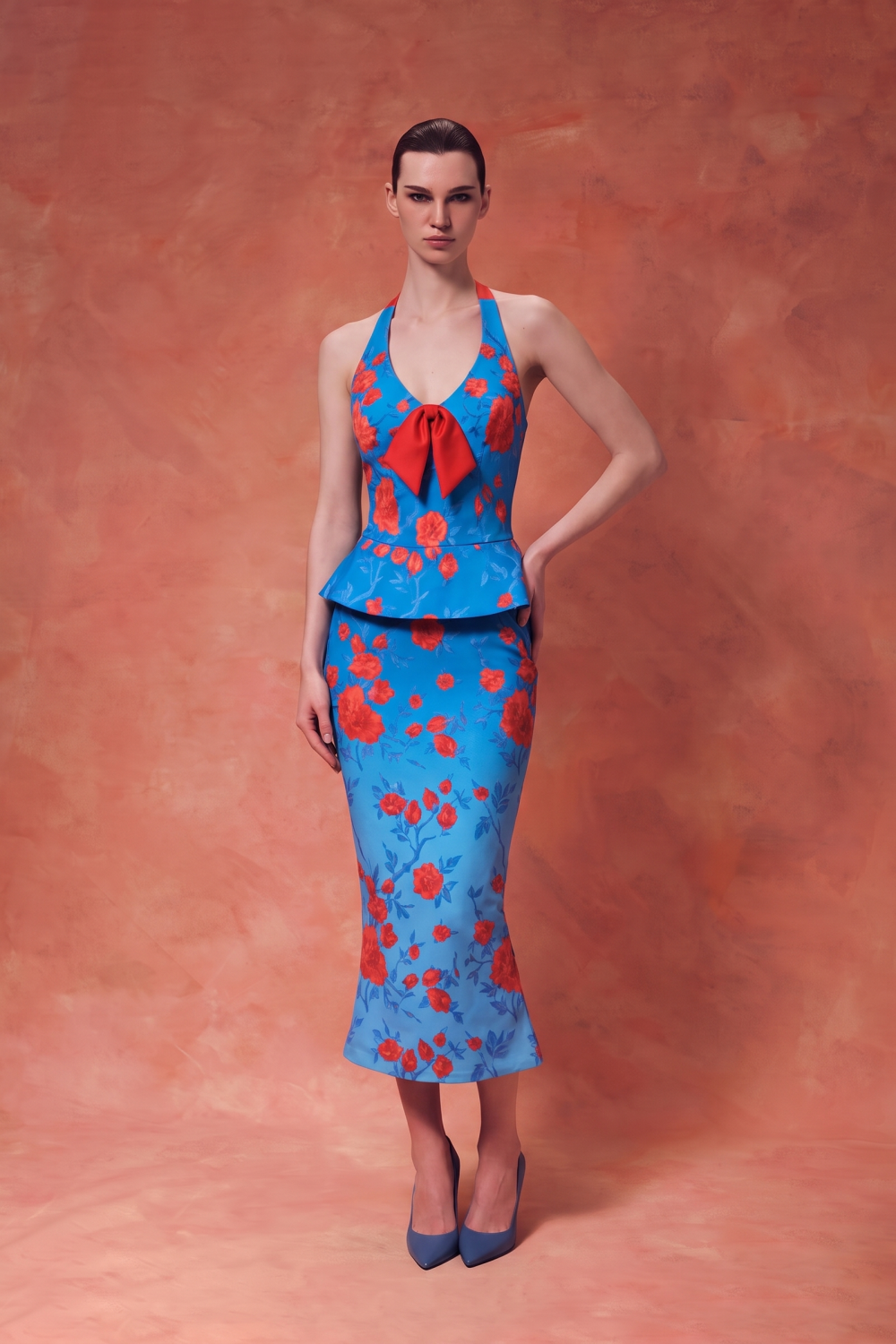 Floral crepe satin halterneck dress