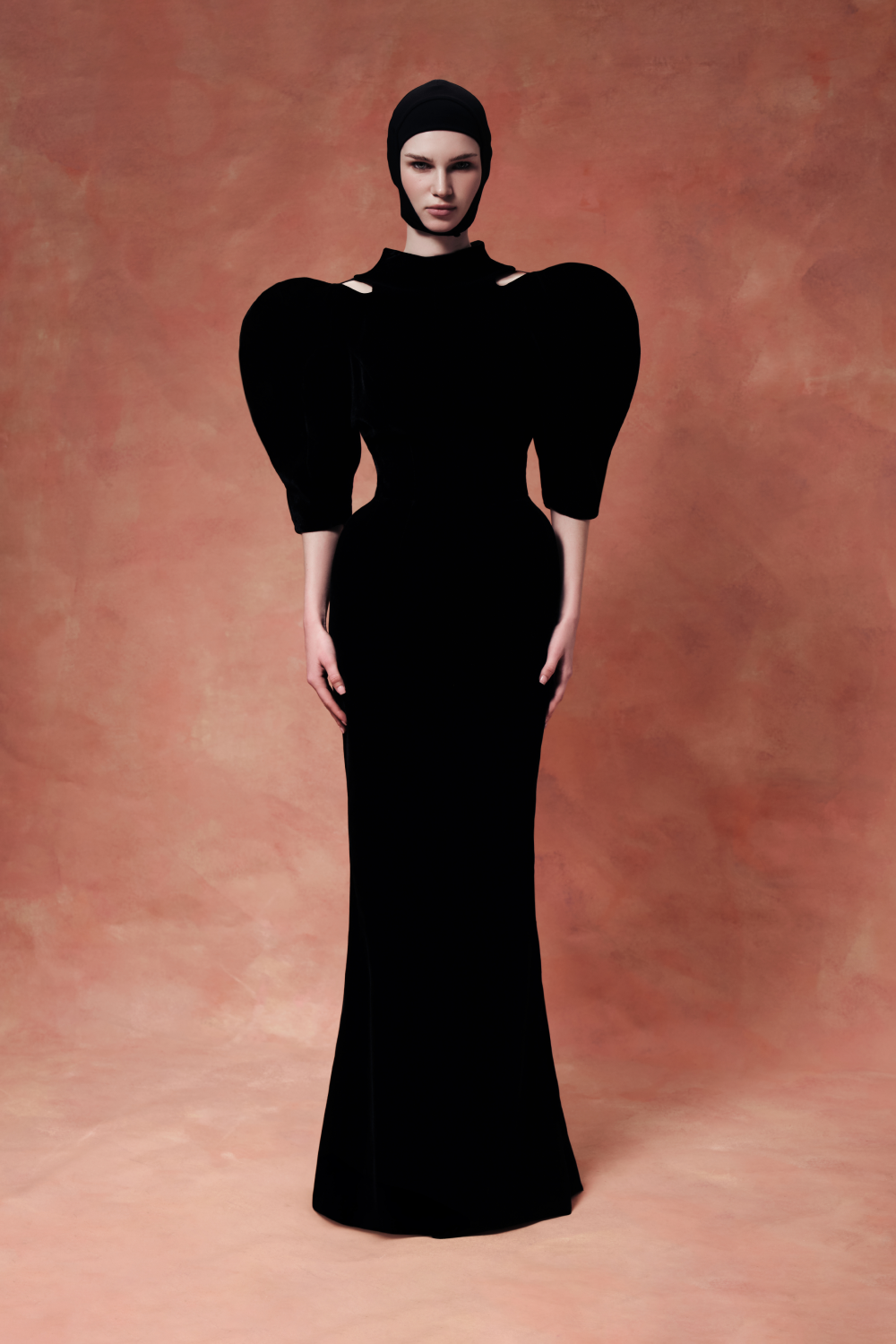 Velvet maxi dress with panniers and puff sleeves