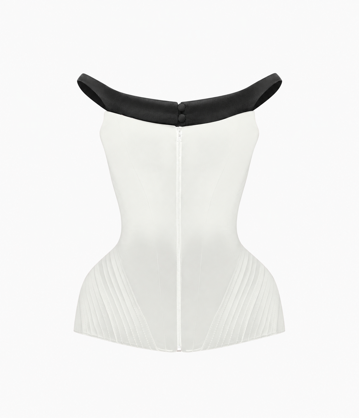 Off-the-shoulder satin corset top with sculpted hip panniers