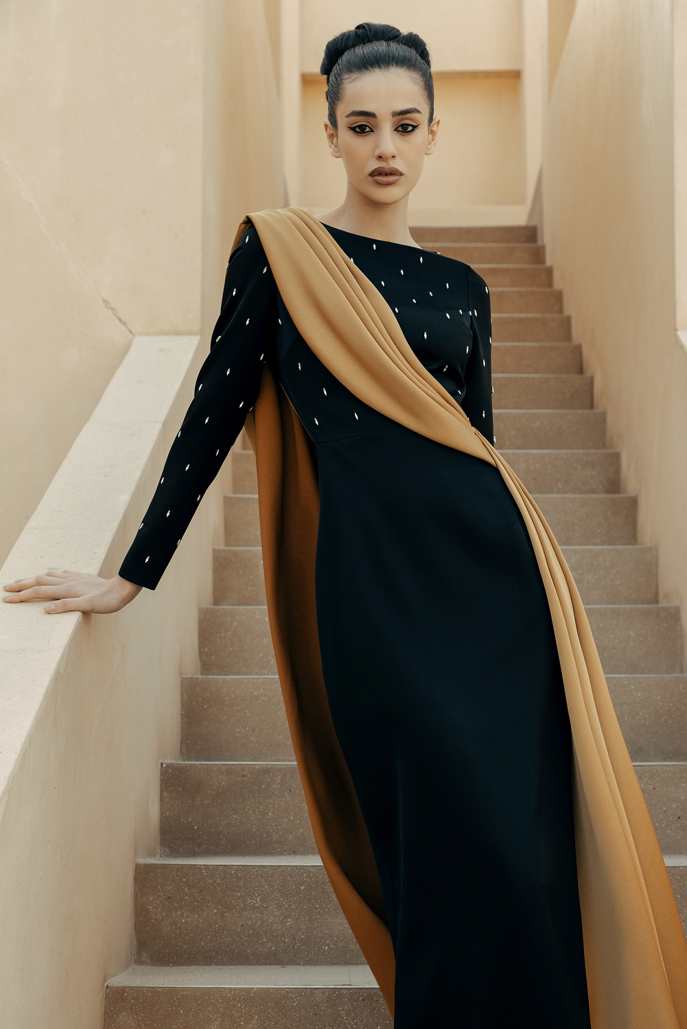 Embroidered satin maxi dress with voluminous drapery