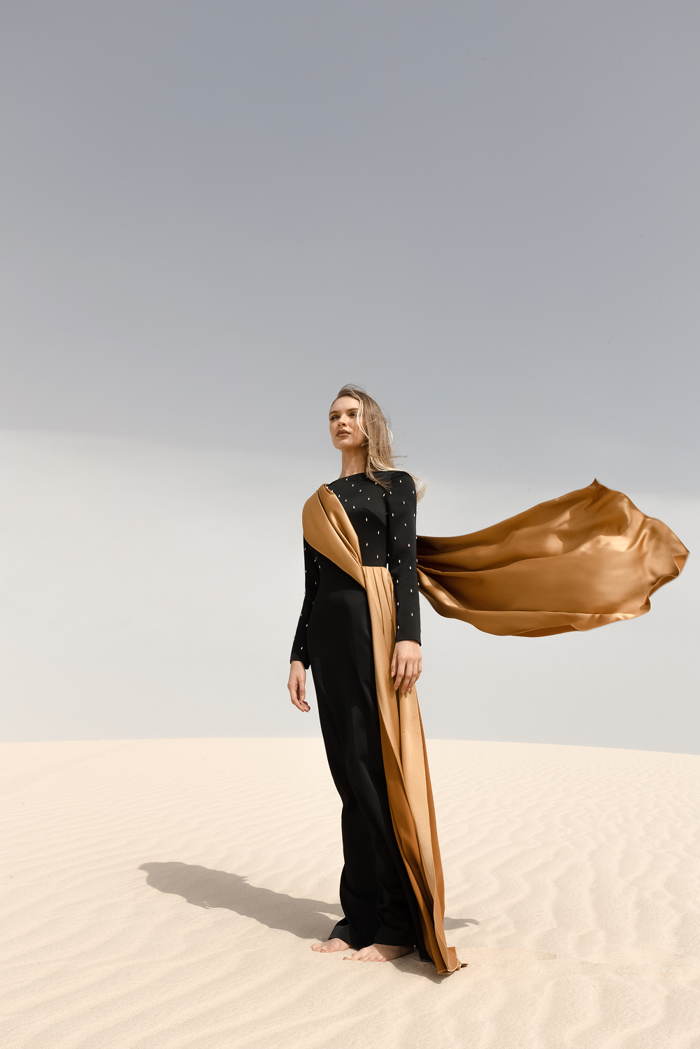 Embroidered satin maxi dress with voluminous drapery