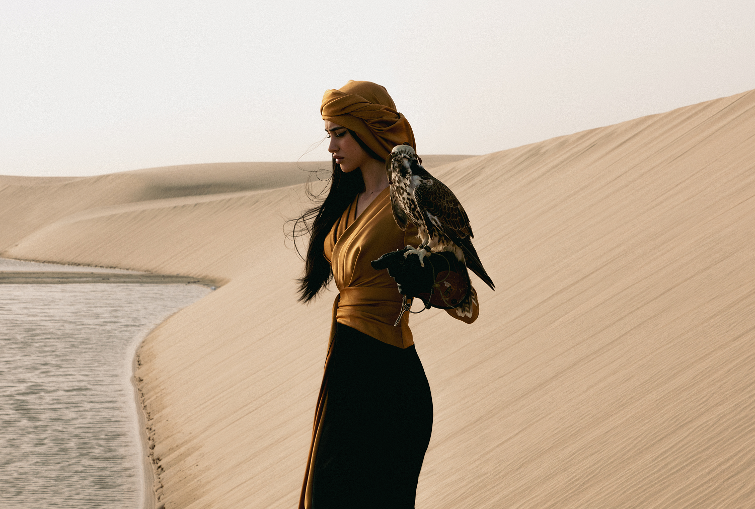 Draped satin maxi dress with voluminous shoulders