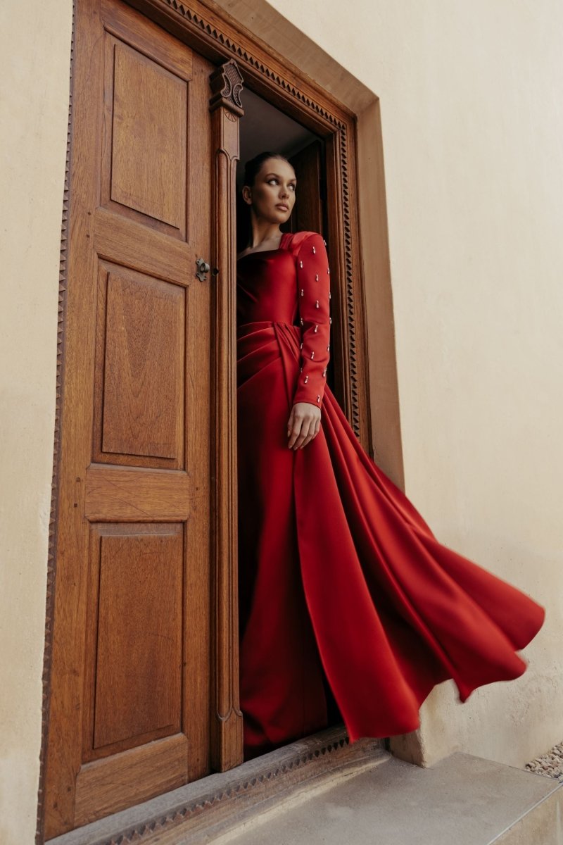 Asymmetric draped satin gown with embroidered sleeves – Rasario