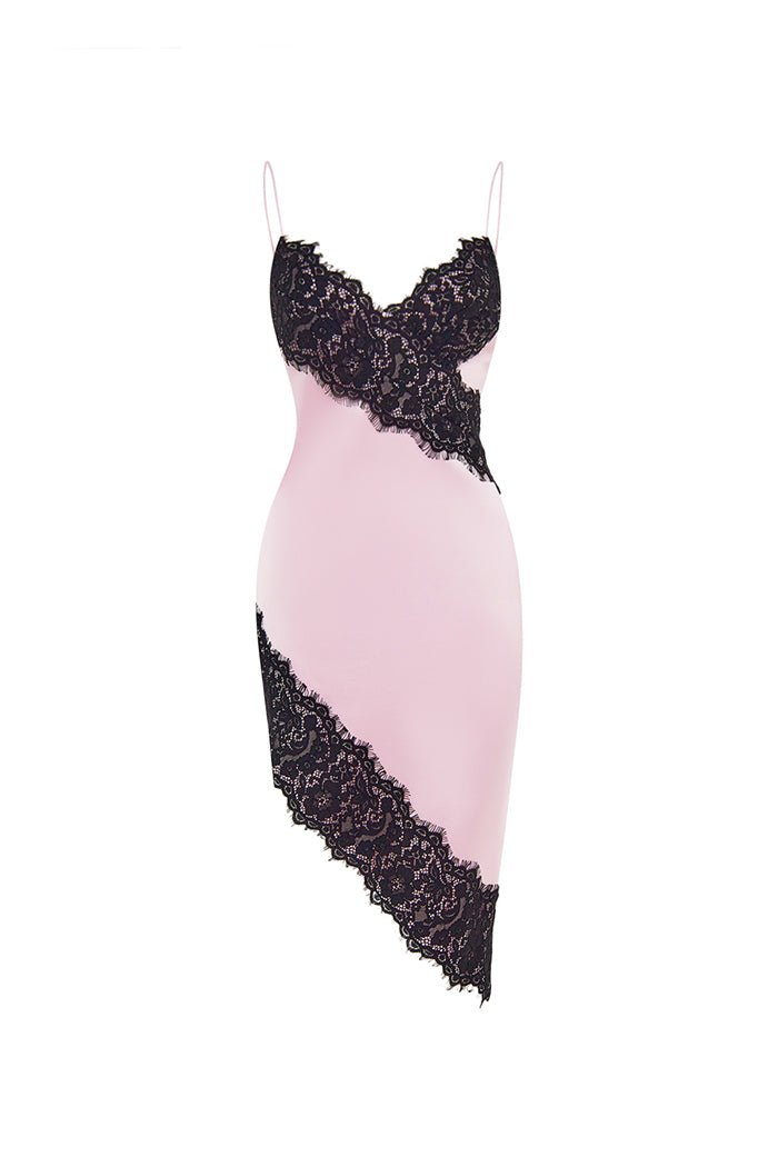 Asymmetric satin and lace mini dress – Color: Light pink/Black – RASARIO Online Boutique 42 (FR) / Light pink/Black