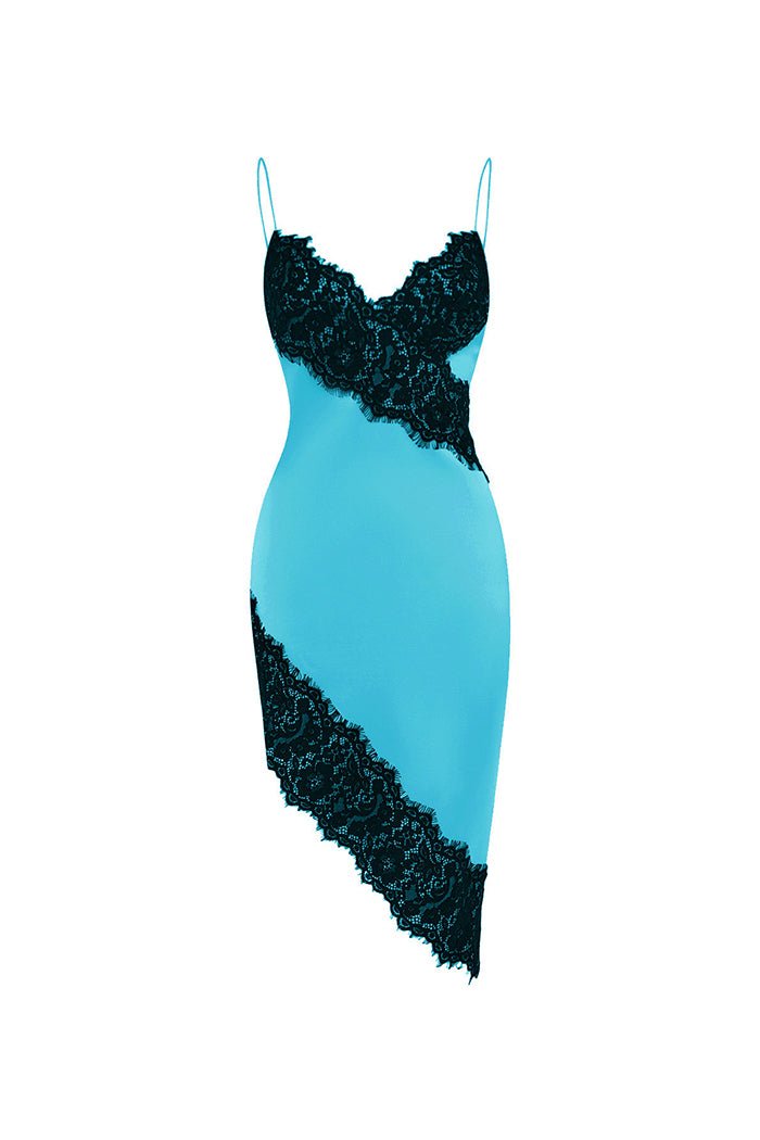 Asymmetric satin and lace mini dress – Color: Turquoise /Black – RASARIO Online Boutique 44 (FR) / Turquoise /Black